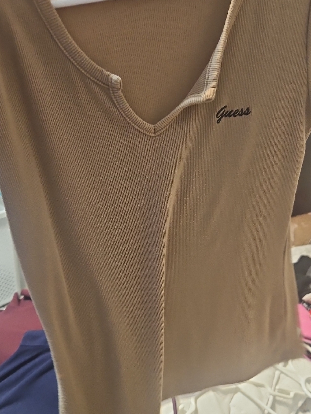 GUESS Women's Tan Ribbed V-Neck Tank with Logo